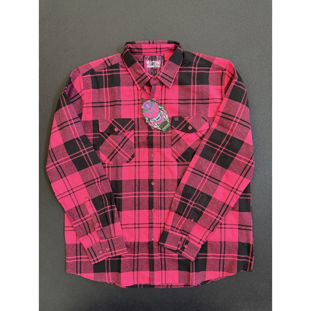 Warrior Company Flannel Shirt Mens XL Pink Black Plaid Button Up Outdoors